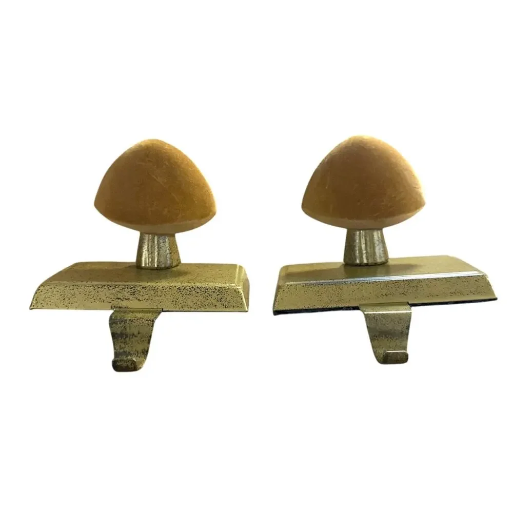 Vintage Set 2 Mushroom Metal Hook Hanger Fireplace Mantel Stocking Holder Velvet